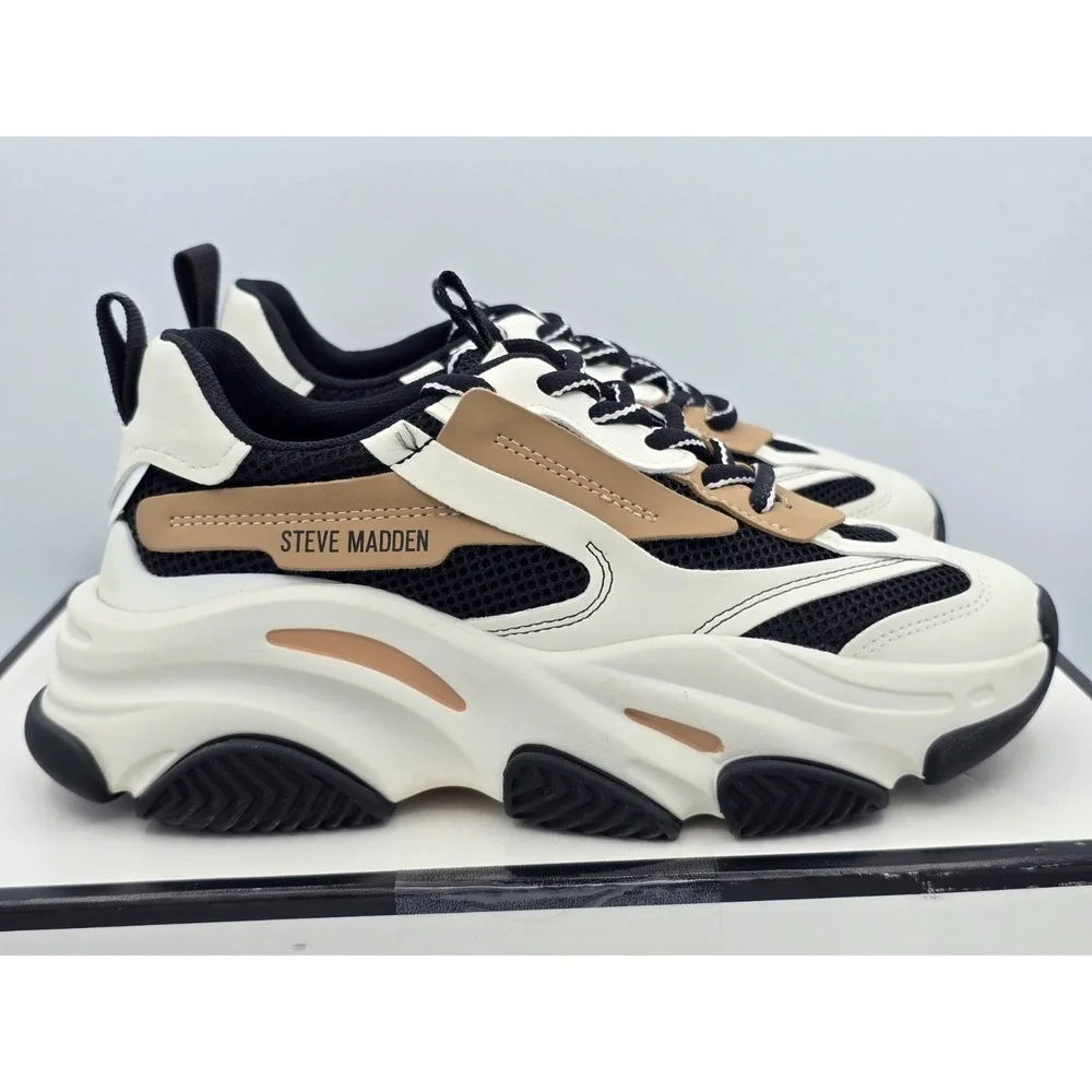 Steve Madden Possession Comfort‎ Lace-Up Mesh Sneakers Black Tan Sz 6.5 M